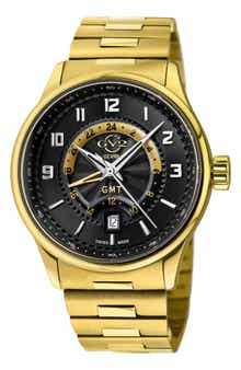 GEVRIL Men's Giromondo Black Dial Stainless Steel Bracelet Watch, 40mm