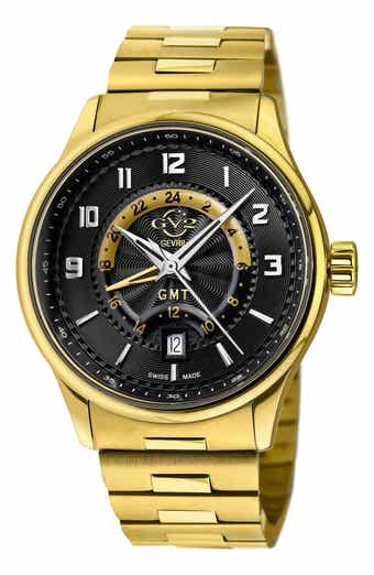 GEVRIL Men's Giromondo Black Dial Stainless Steel Bracelet Watch, 40mm