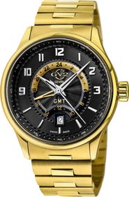 GEVRIL Men's Giromondo Black Dial Stainless Steel Bracelet Watch, 40mm
