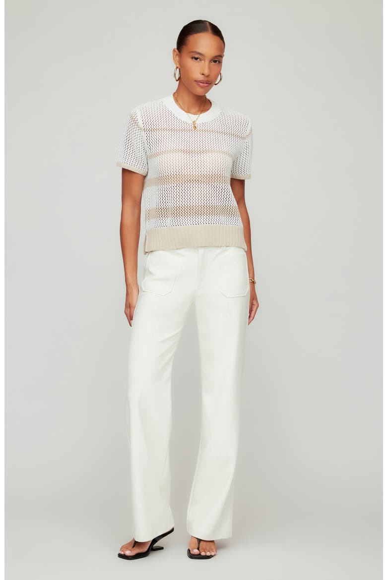 Faye Stripe Short Sleeve Mesh Stitch Sweater, Alternate, color, CREAM/ KHAKI