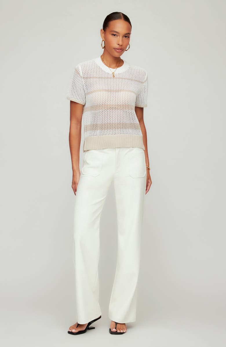 FIFTEEN TWENTY Faye Stripe Short Sleeve Mesh Stitch Sweater, Alternate, color, Cream/ Khaki