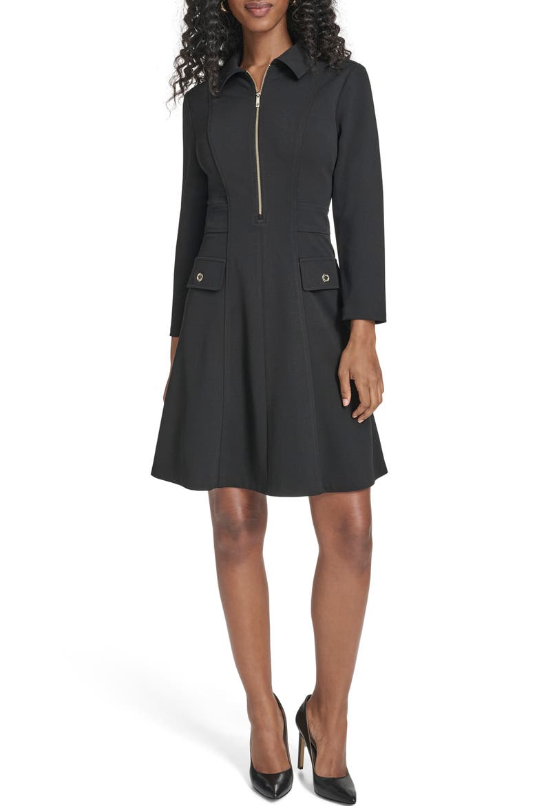 Long Sleeve Scuba Dress, Main, color, BLACK