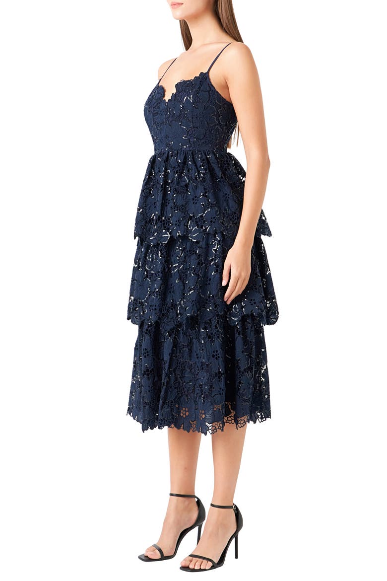 Floral Lace Tiered Sequin Midi Dress, Alternate, color, NAVY