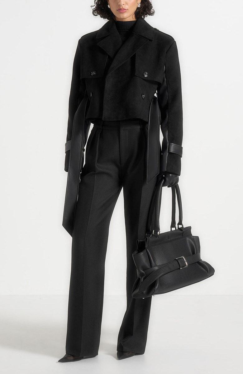 Manière De Voir Lelia Cropped Suede Trench Coat With Belt, Alternate, color, Black