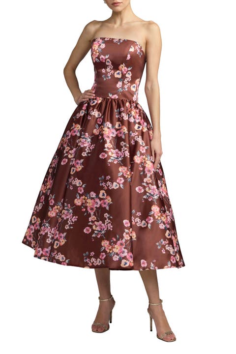 Strapless Floral Satin Tea-Length Ball Dress