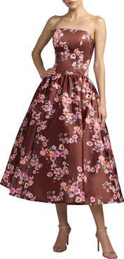 Mac Duggal Strapless Floral Satin Tea-Length Ball Dress