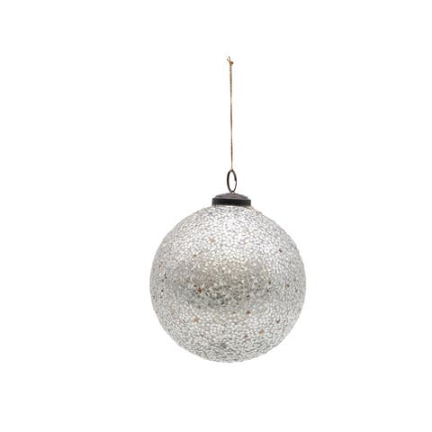 Round Glass Ball Ornament with Mica Flakes, Silver Finish