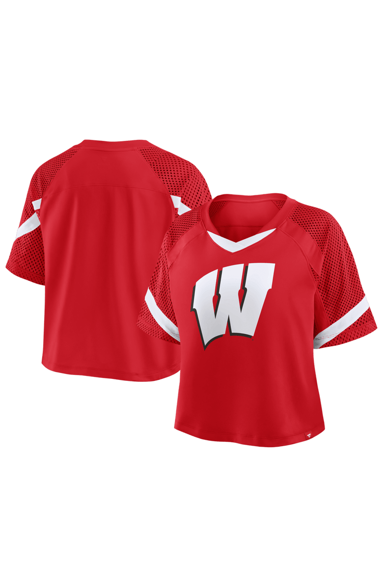 FANATICS Women's Fanatics Red Wisconsin Badgers Oversized Raglan V-Neck Fashion Jersey, Main, color, 