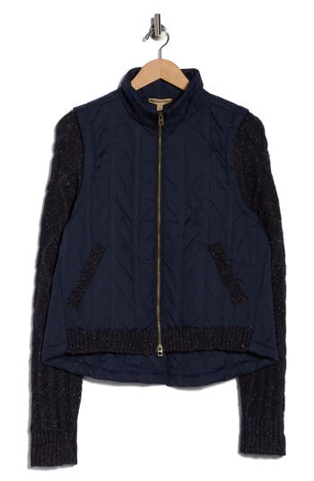 Democracy Mock Neck Quilted Two-fer Jacket In Blue