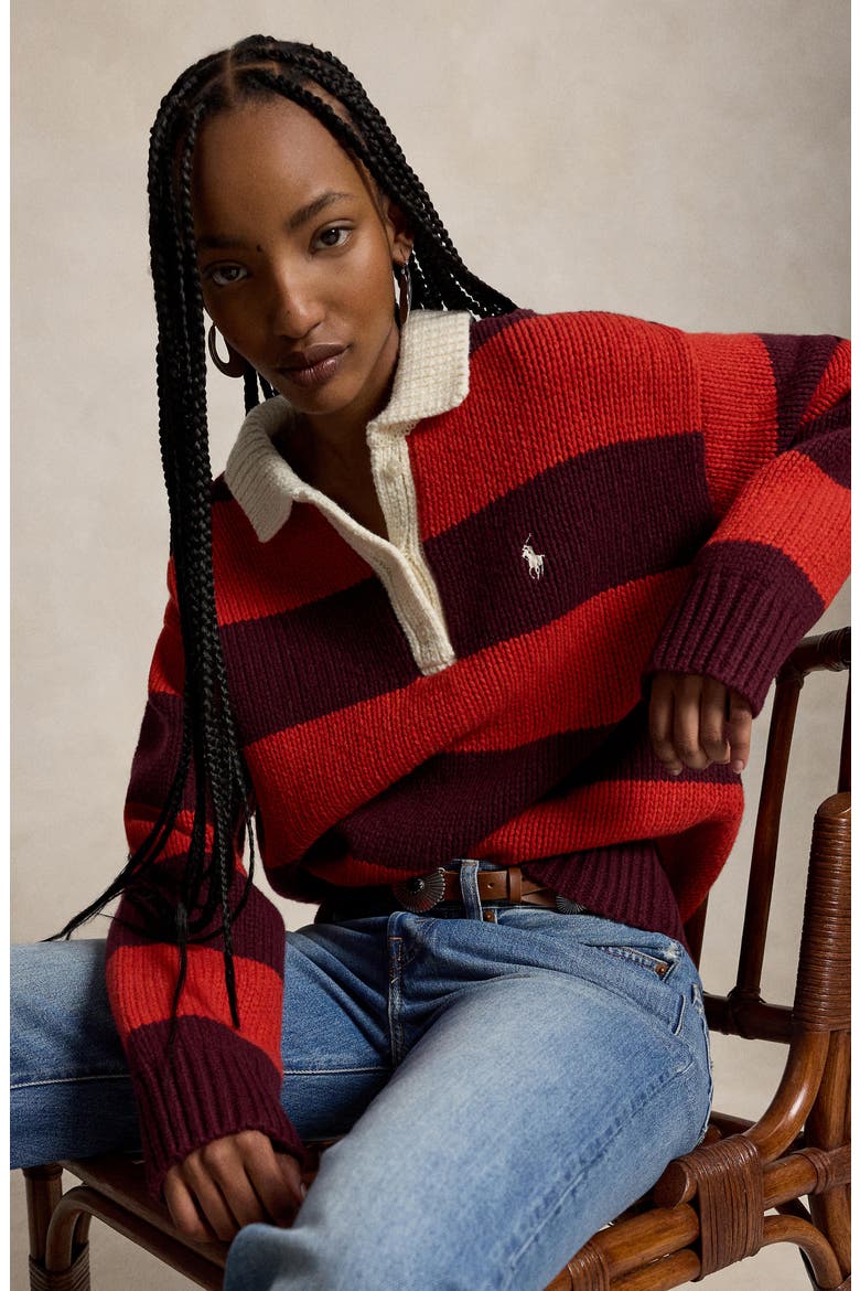 Stripe Oversize Wool Blend Rugby Polo Sweater, Alternate, color, HARVARD WINE/ BRANDY HEATHER