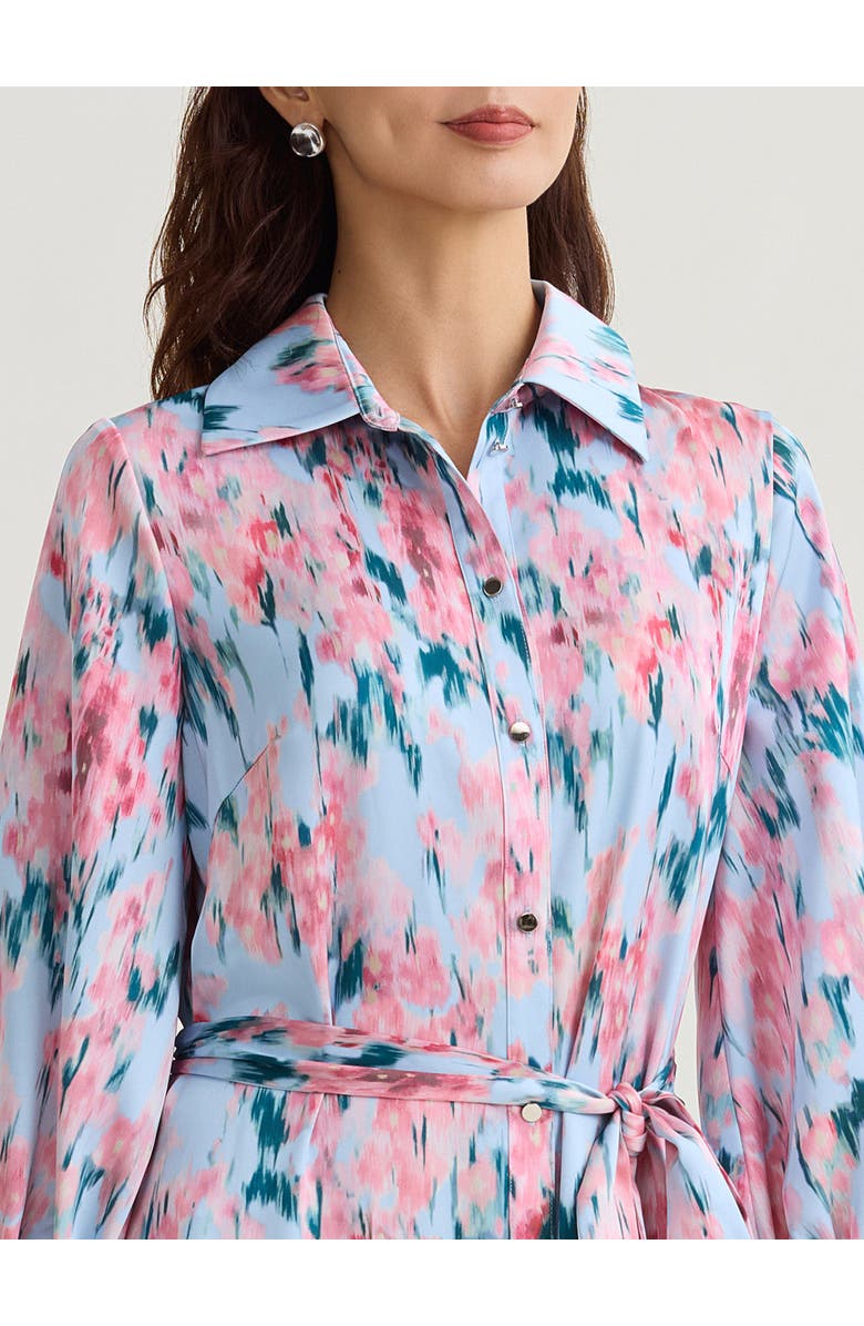 Misook Printed Floral Crepe de Chine Tiered Maxi Dress, Alternate, color, Pink/Blue/Biscotti/Black