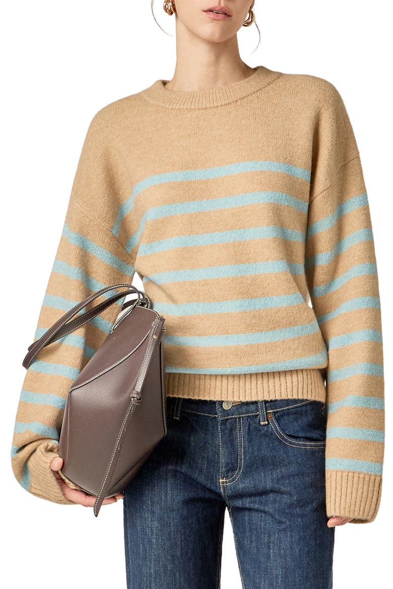 Stripe Crewneck Sweater, Main, color, TAN/ POWDER BLUE