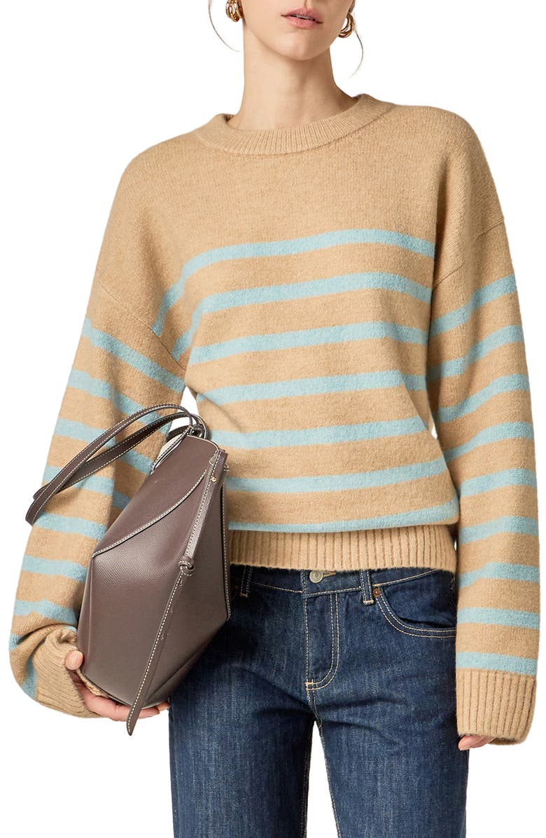 English Factory Stripe Crewneck Sweater, Main, color, Tan/ Powder Blue