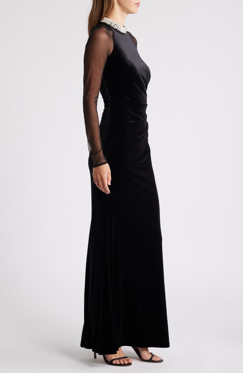 Eliza J Embellished Ruched Long Sleeve Velvet Gown, Alternate, color, Black