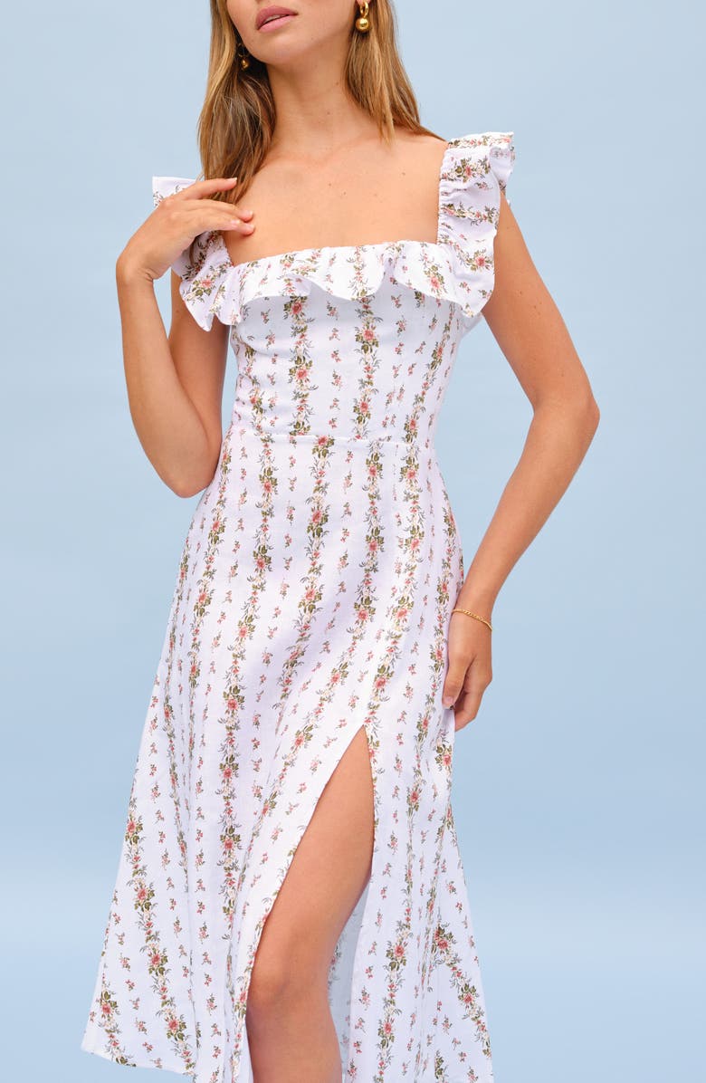Reformation Amethyst Floral Ruffle Neck Linen Midi Dress, Alternate, color,