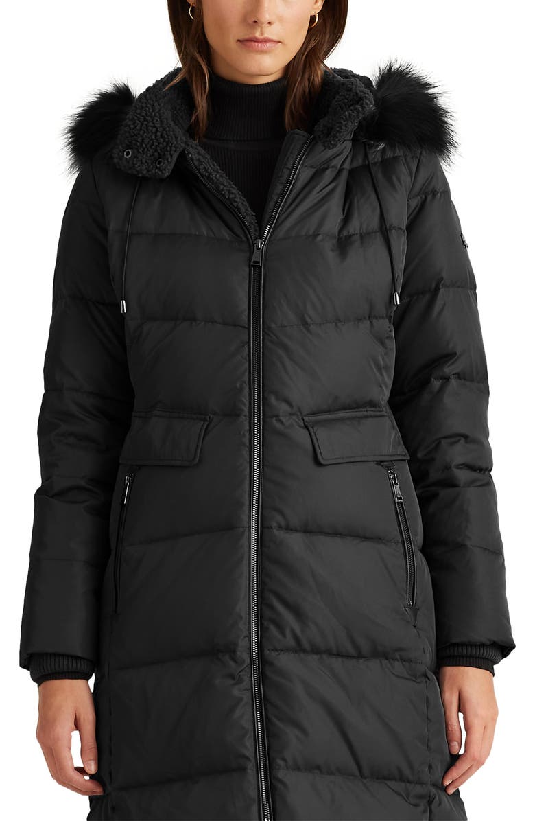 Lauren Ralph Lauren Faux Shearling & Faux Fur Trim Hooded Down Puffer Coat, Alternate, color, 