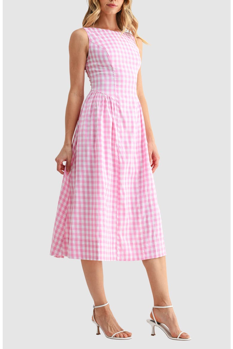 Gingham Fit & Flare Midi Dress, Alternate, color, PINK GINGHAM
