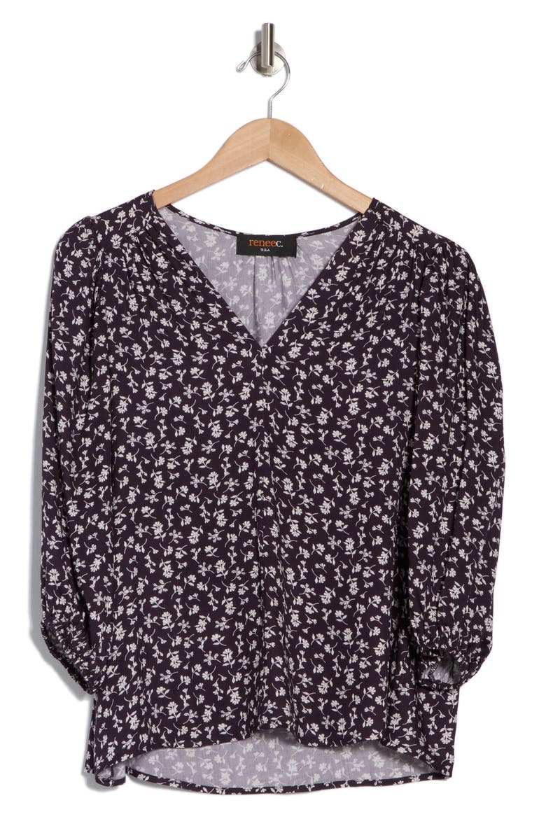 Floral V-Neck Balloon Sleeve Top, Alternate, color, NAVY/ WHITE