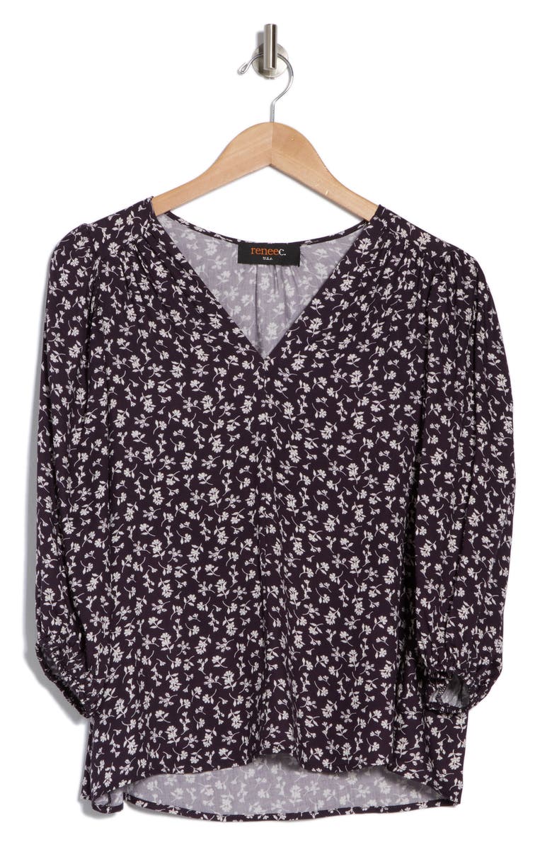 Renee C Floral V-Neck Balloon Sleeve Top, Alternate, color, Navy/ White