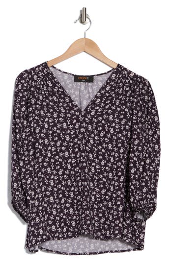 Renee C Floral V-neck Balloon Sleeve Top In Navy/white