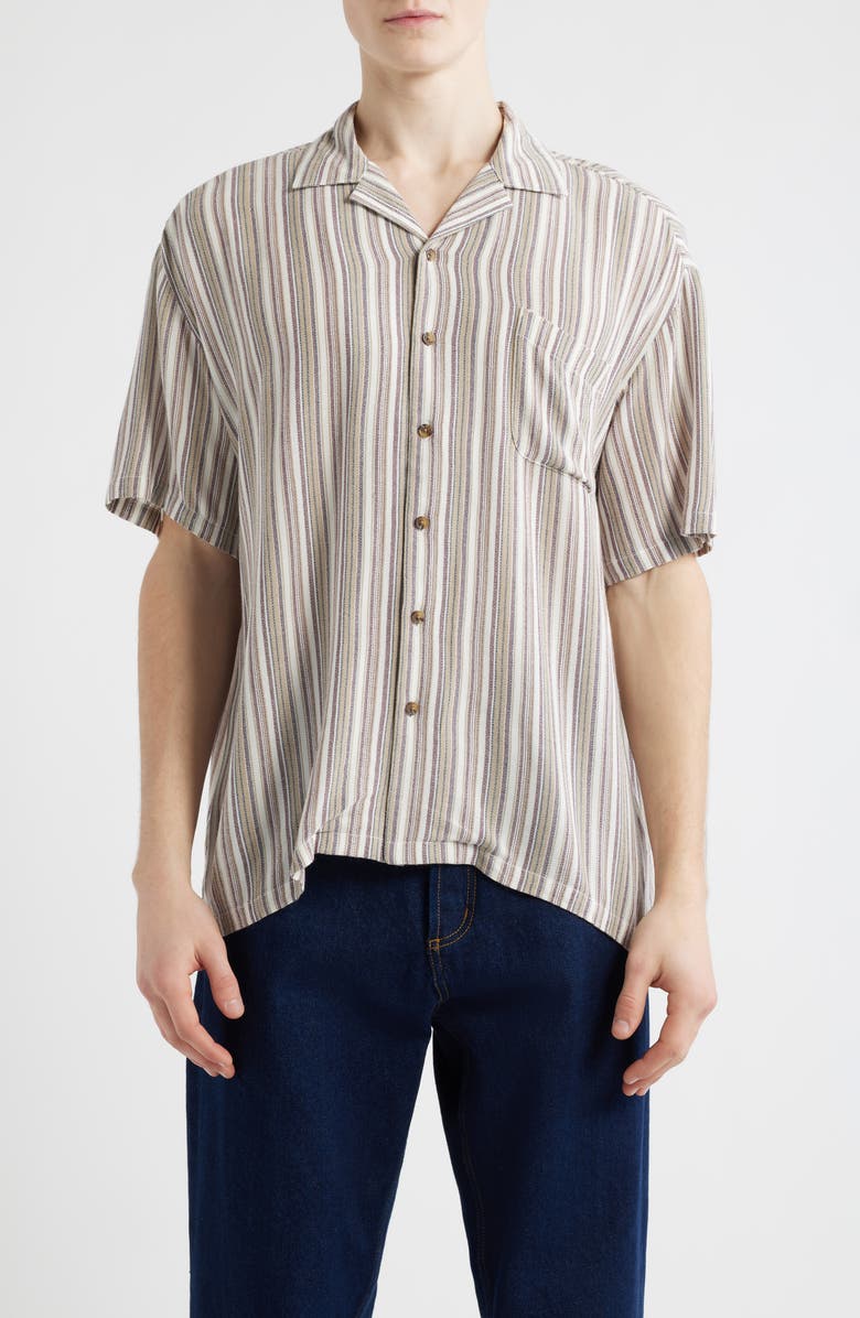 Brixton Bunker Twisted Stripe Camp Shirt, Main, color, Robust Red
