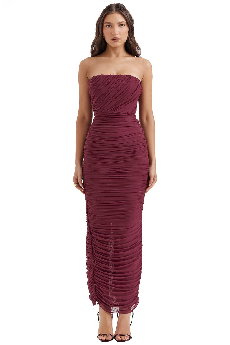 Gradient Color Strapless Ruched Mesh Gown, Alternate, color, WINDSOR WINE