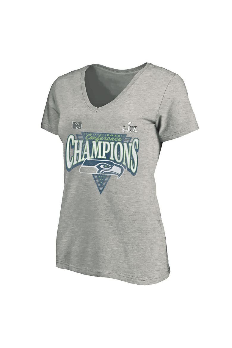 Women's Fanatics  Heather Gray Seattle Seahawks 2025 NFC Champions Plus Size Hail Mary Tri-Blend V-Neck T-Shirt, Main, color, Heather Gray