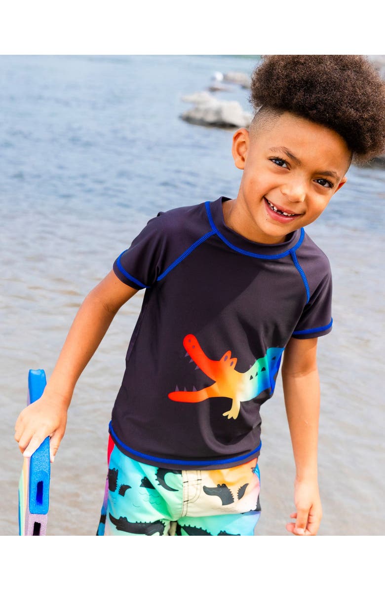 Deux par Deux Boy's Short Sleeve Rashguard Black And Multicolored Crocodiles, Alternate, color, Black And Multicolor Crocodile