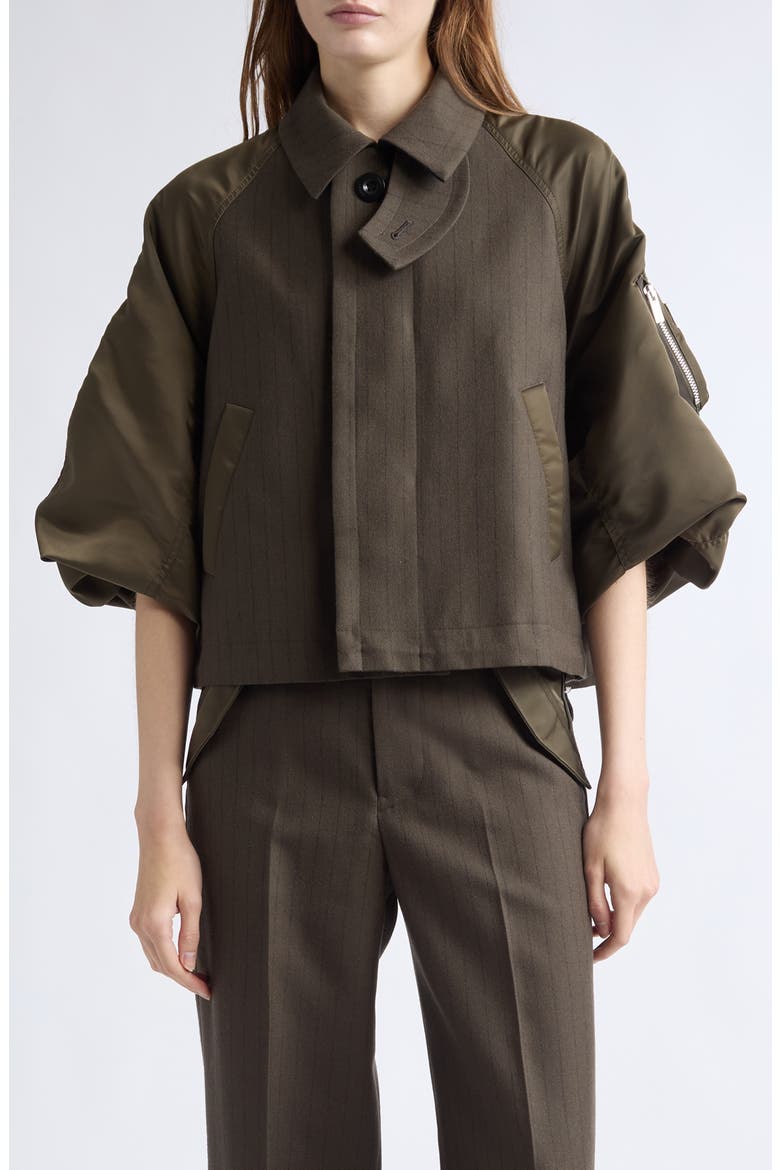 Chalk Stripe & Nylon Mixed Media Jacket (Nordstrom Exclusive), Main, color, DARK KHAKI