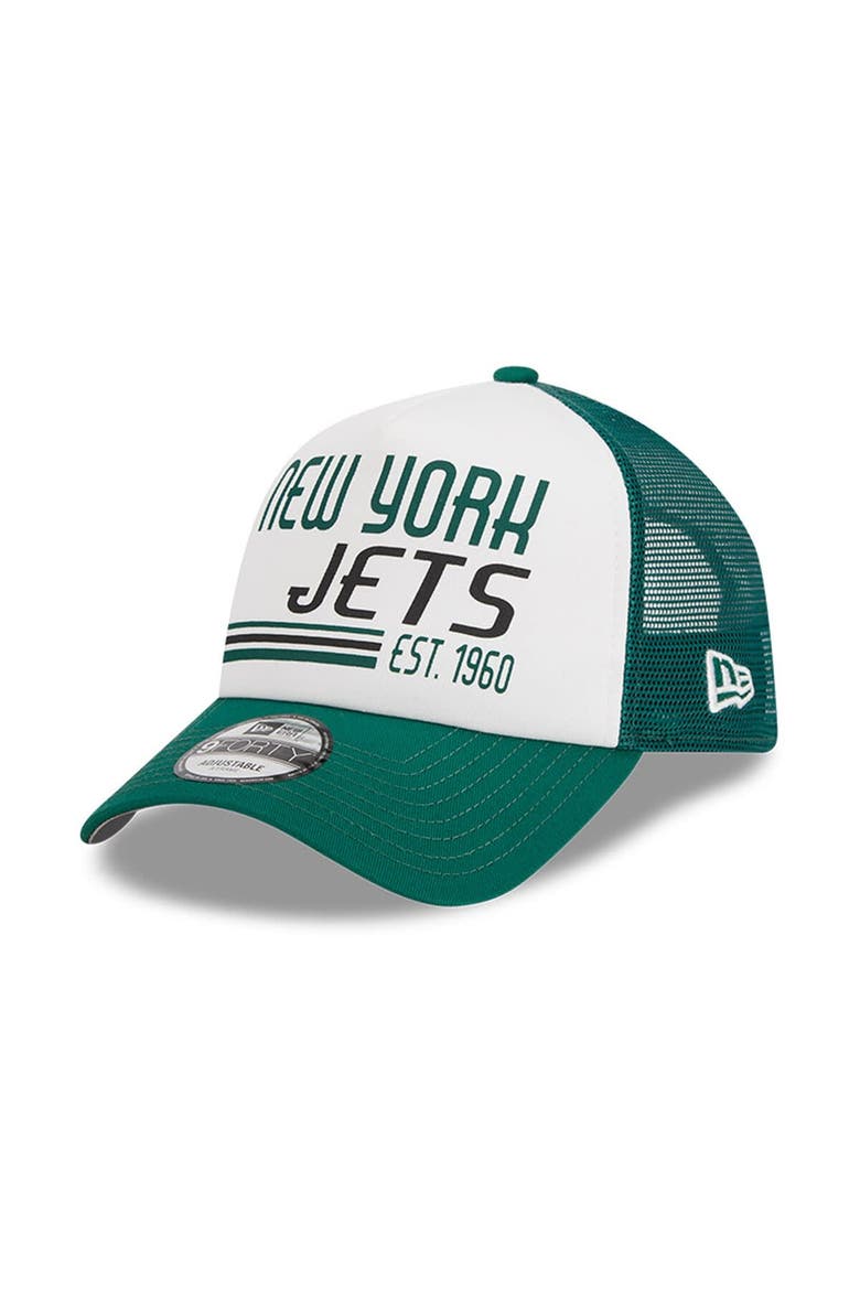 Men's New Era White/Green New York Jets Stacked A-Frame Trucker 9FORTY Adjustable Hat, Main, color, White