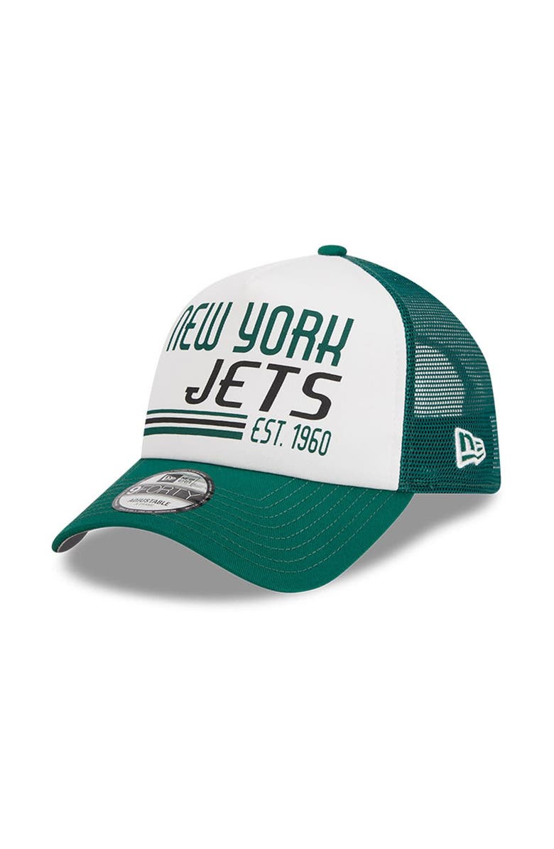 New Era Men's New Era White/Green New York Jets Stacked A-Frame Trucker 9FORTY Adjustable Hat, Main, color, White