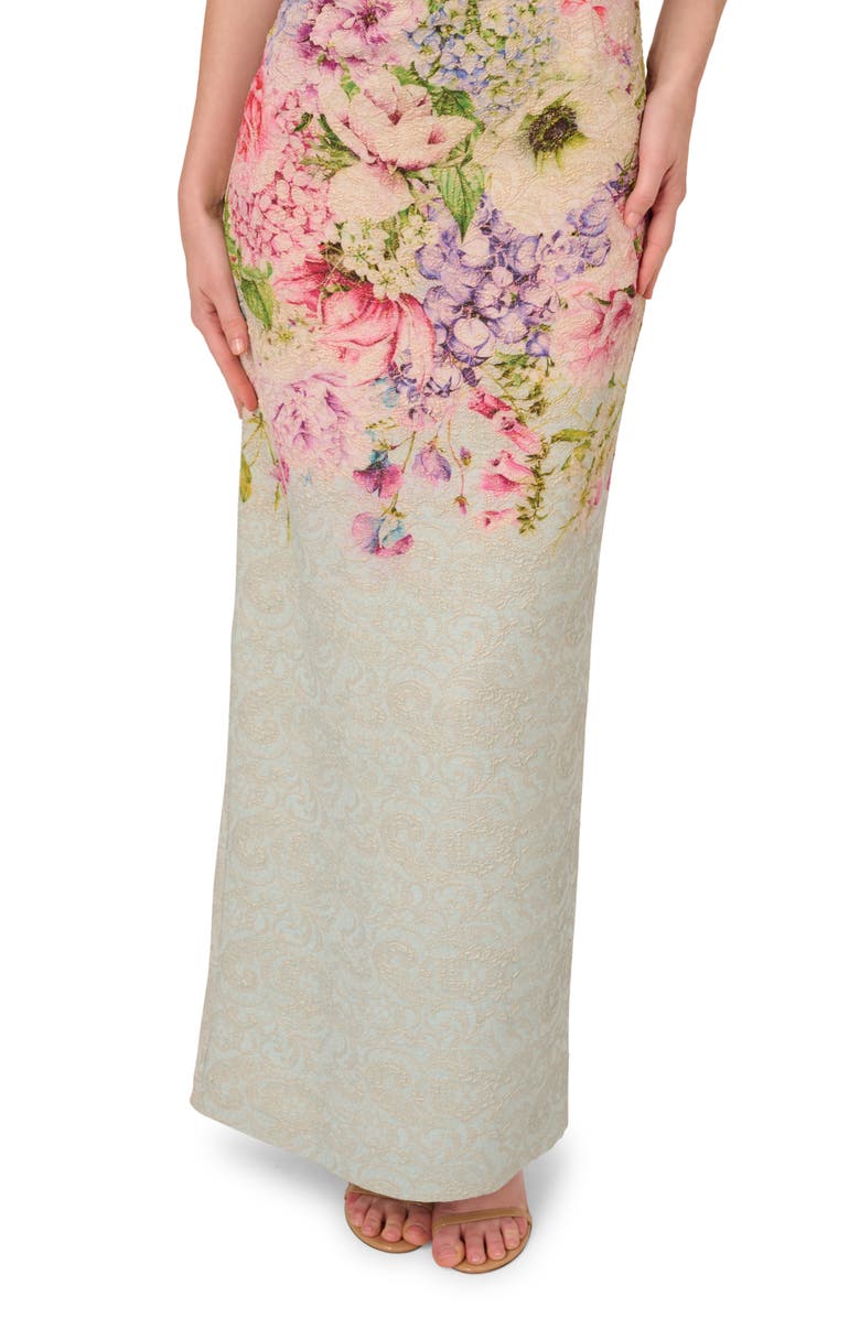 Adrianna Papell Floral Jacquard Metallic Matelasse Column Gown, Alternate, color, Blue Multi