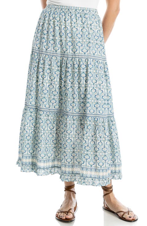 Floral Wreath Print Tiered Cotton Blend Maxi Skirt
