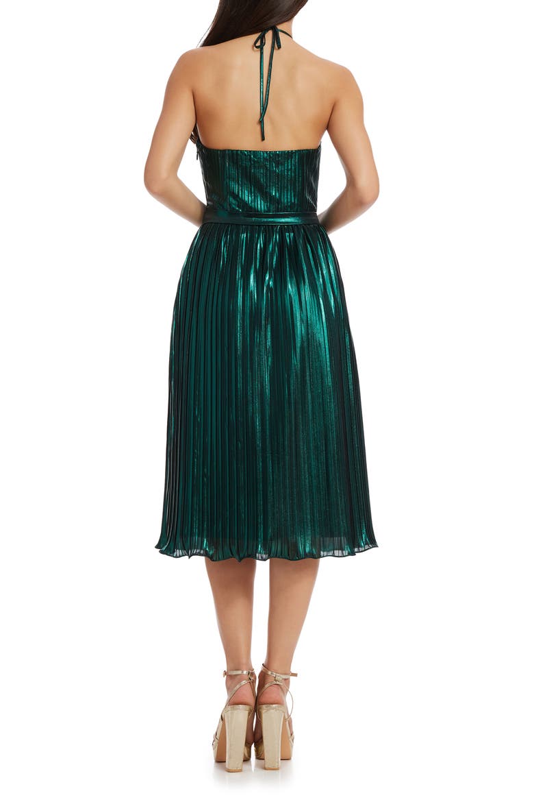 Hannah Pleated Metallic Halter Dress, Alternate, color, DEEP EMERALD