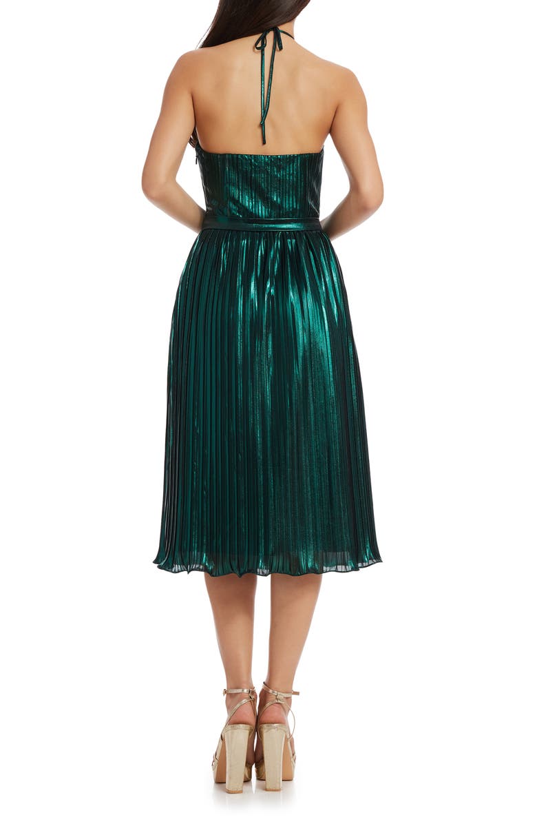 Dress the Population Hannah Pleated Metallic Halter Dress, Alternate, color, Deep Emerald