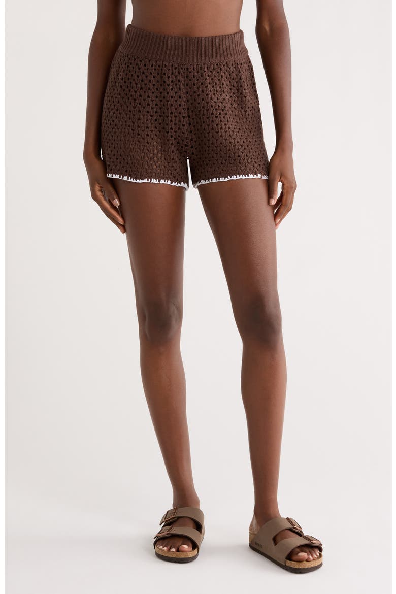 Open Knit Cover-Up Shorts, Main, color, BROWN
