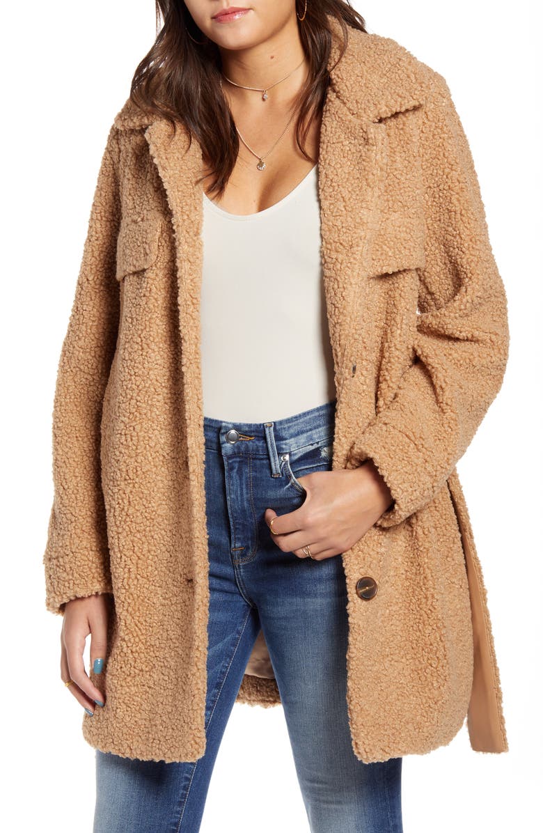 BLANKNYC Toffee Faux Shearling Belted Coat, Alternate, color,