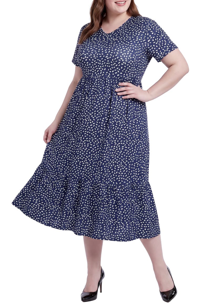 Dot Print Tiered Midi Dress, Alternate, color, BLUE PRINT