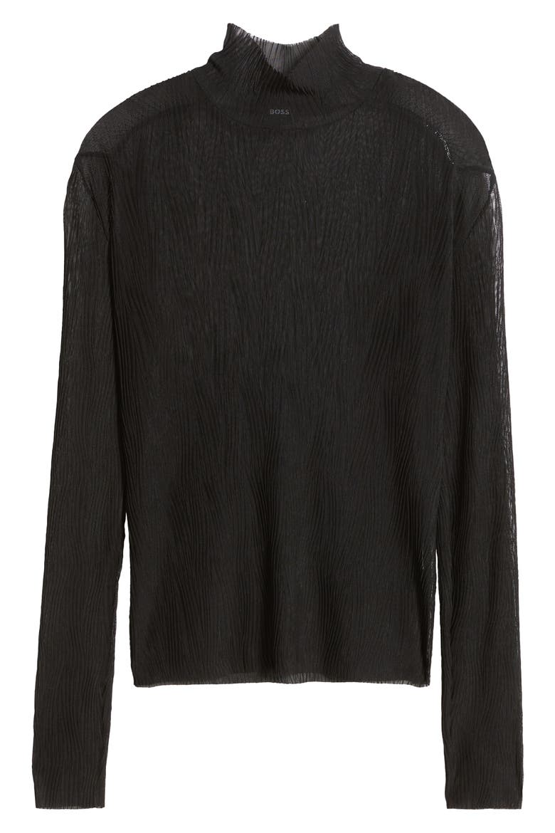 Emata Plissé Tulle Mock Neck Top, Alternate, color, BLACK