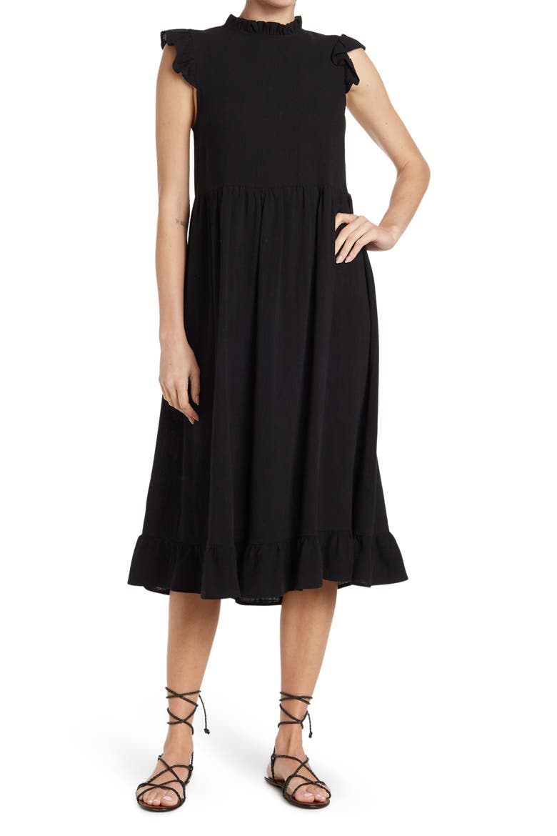 Ruffle Sleeve Midi Dress, Main, color, BLACK