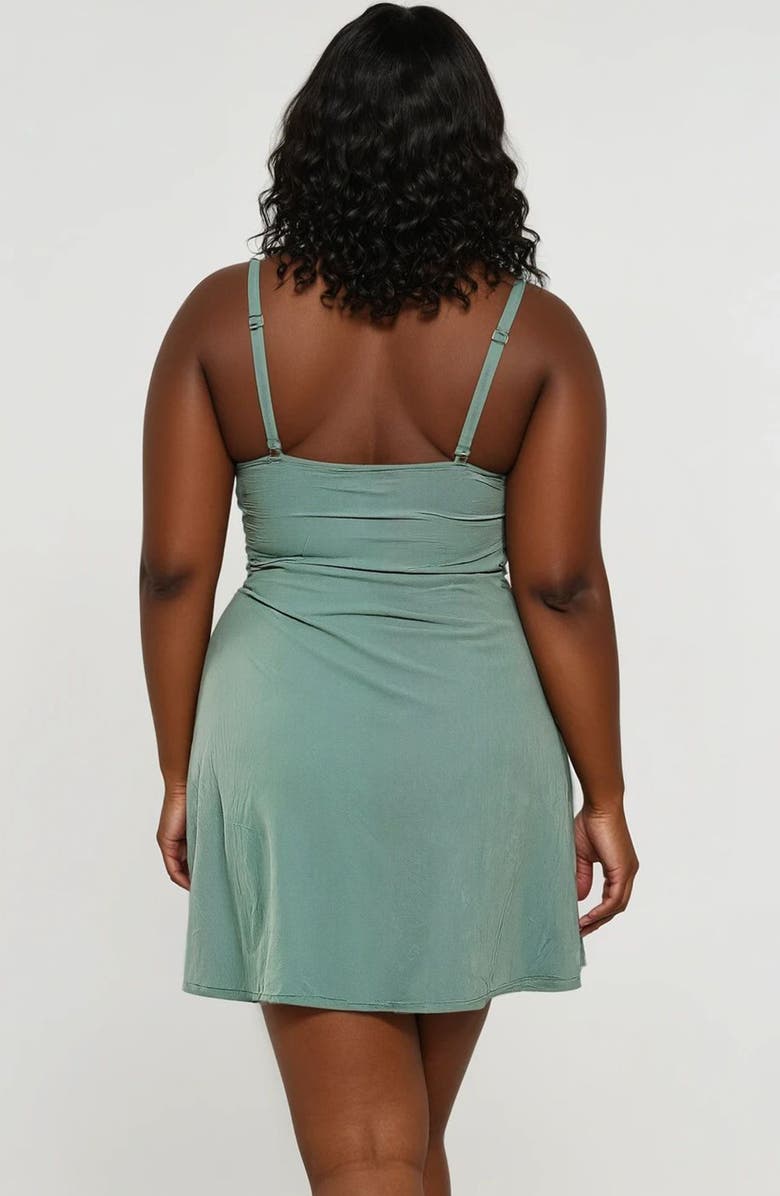 Calypsa Plus Size Alana Wrap-Style Swim Dress With Hidden Bottoms and Adjustable Straps, Alternate, color, Sage Green