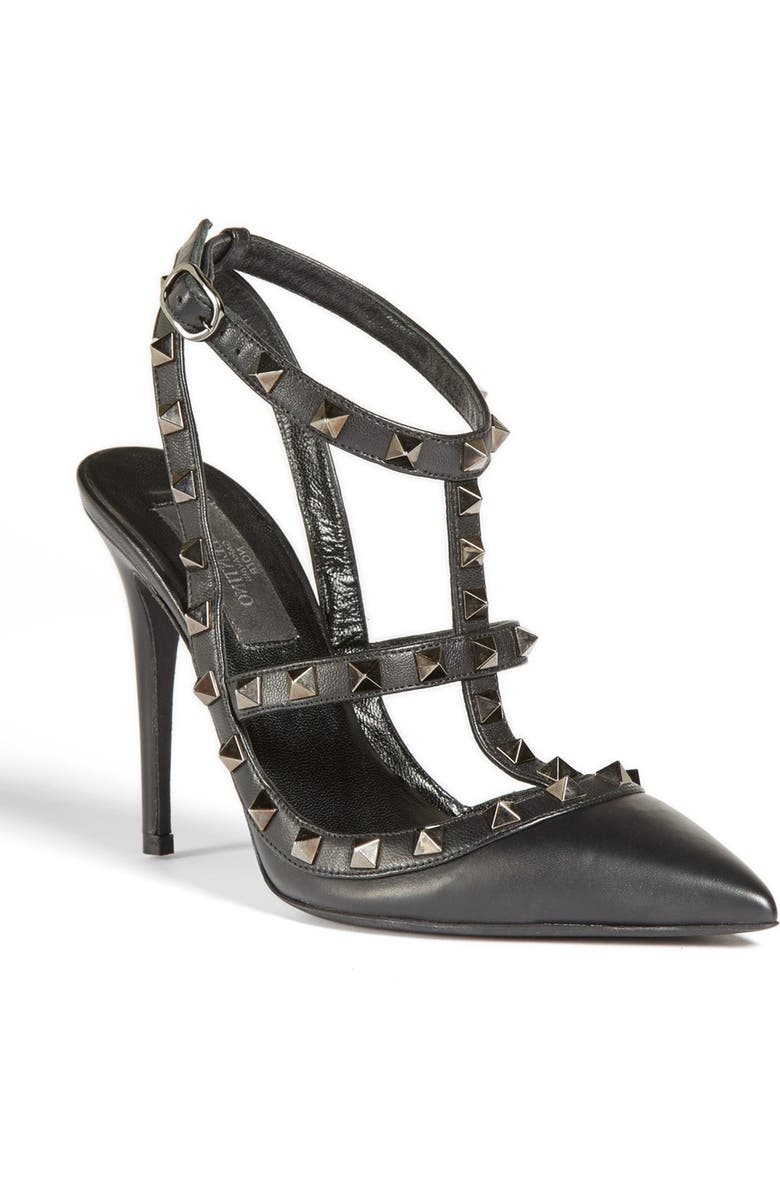 Valentino Garavani Noir Rockstud T-Strap Pointed Toe Pump, Main, color,