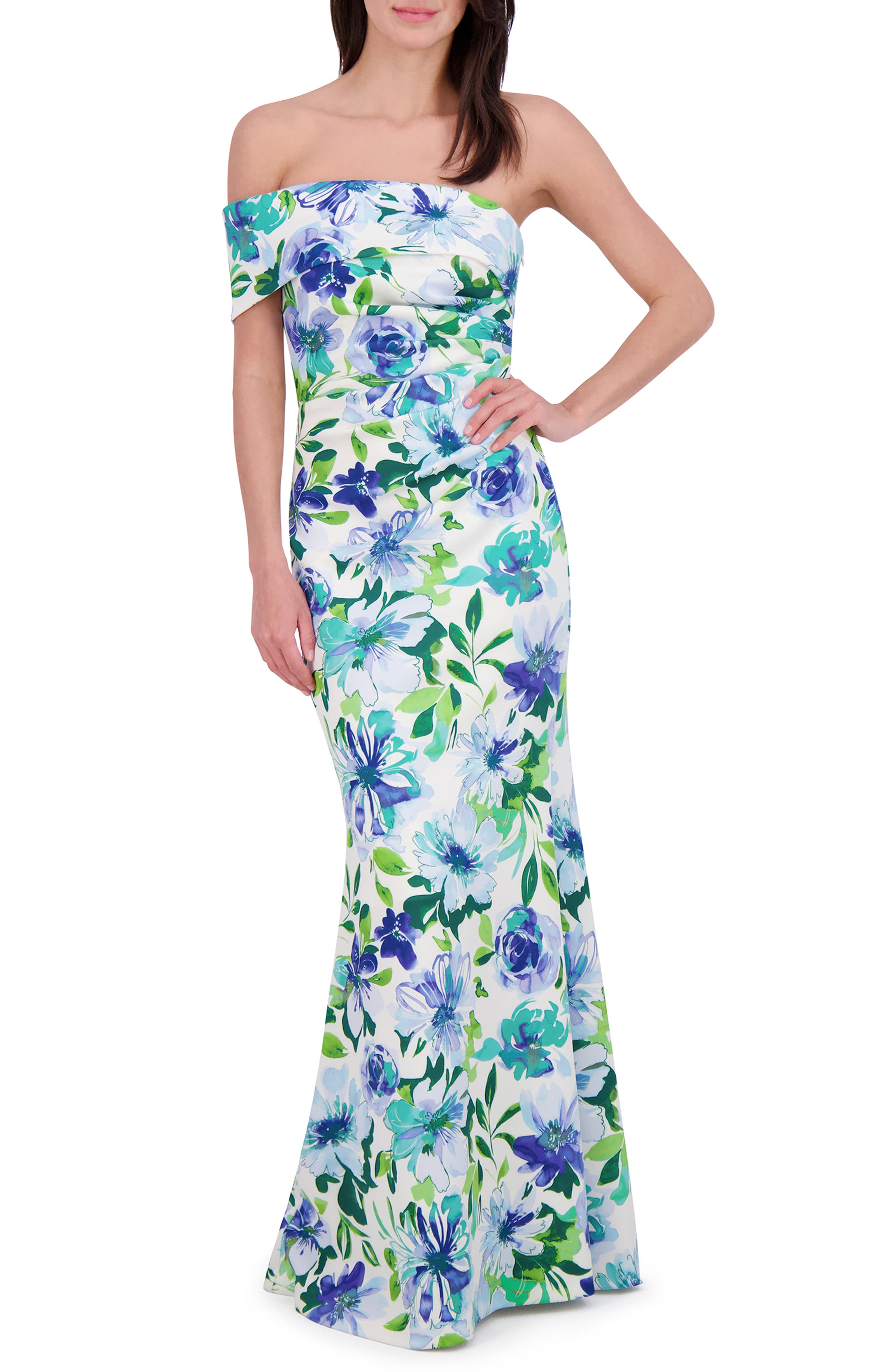 Eliza J Floral One Shoulder Trumpet Gown in Blue 