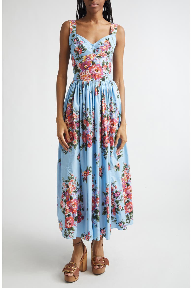 Floral Bouquet Print Pleated Poplin Fit & Flare Dress, Main, color, FIORI CELESTE