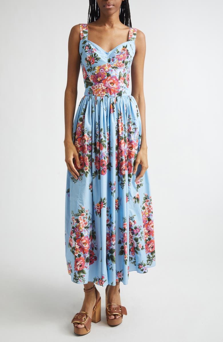 Dolce&Gabbana Floral Bouquet Print Pleated Poplin Fit & Flare Dress, Main, color, Fiori Celeste