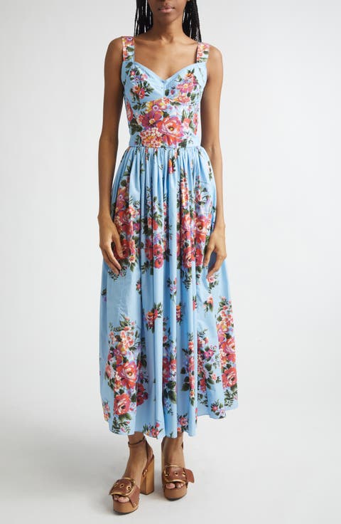 Floral Bouquet Print Pleated Poplin Fit & Flare Dress