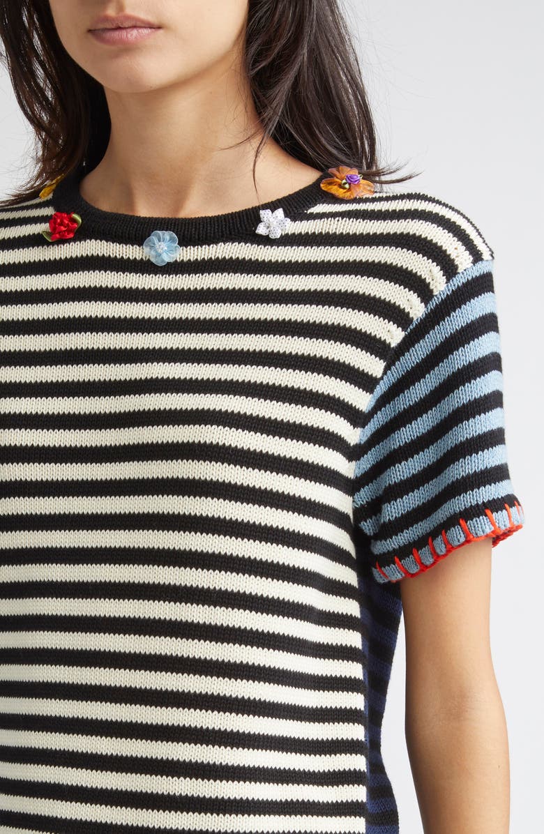 YanYan Bao Embellished Colorblock Stripe Cotton Crewneck T-Shirt, Alternate, color, Black/ White