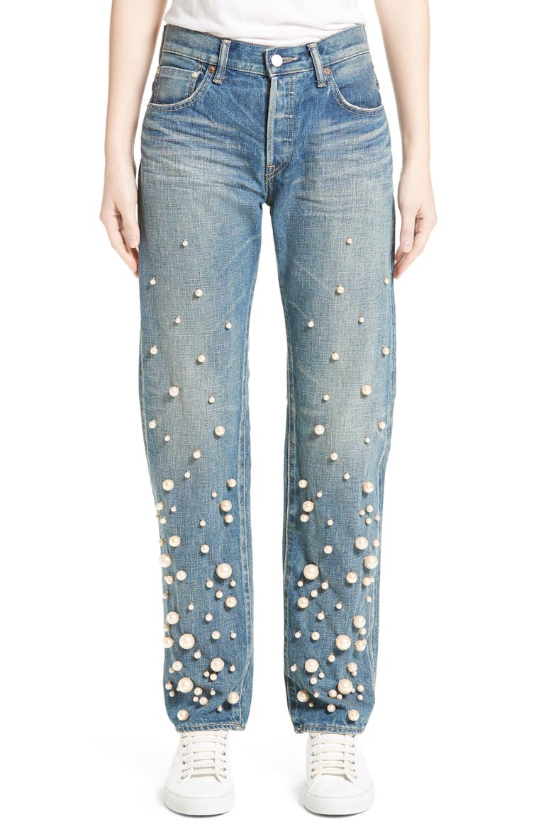 Snow Imitation Pearl Embellished Jeans, Main, color, PEARL