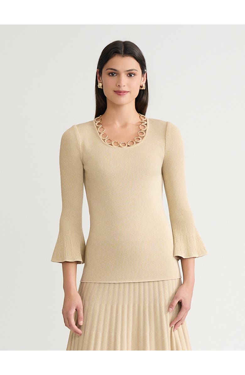 Misook Lurex Crochet Grommet Soft Knit Top, Main, color, Biscotti/Gold