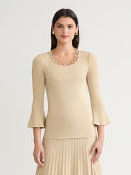 Misook Lurex Crochet Grommet Soft Knit Top